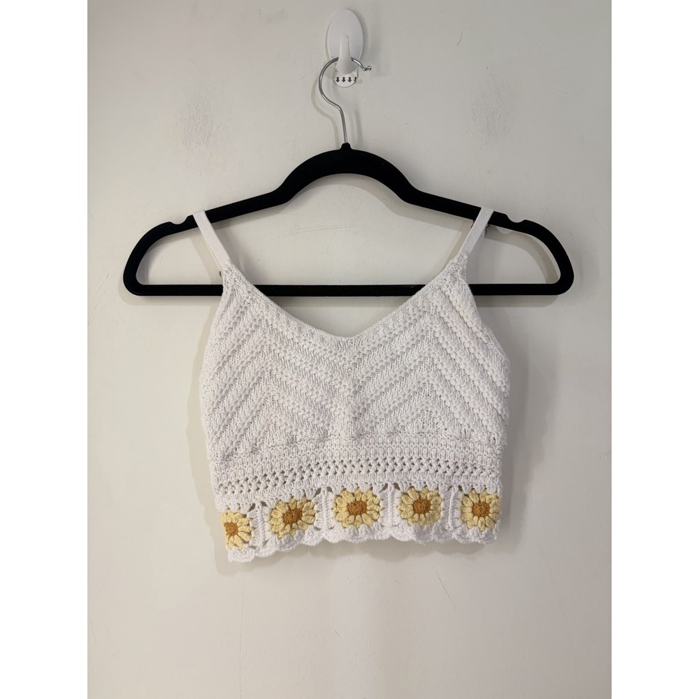 Hollister‎ Crochet Daisy Crop Tank Top White Yellow Floral Festival XS